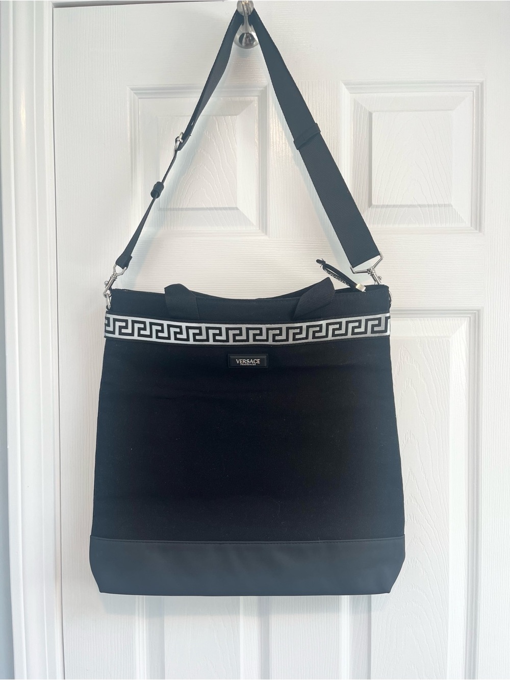 Versace Black Tote with White Greek Key Trim